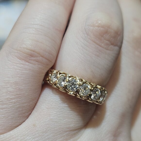 14K Yellow Gold Heart Scroll .92TCW 7 Diamond Band Ring Size 6.75 - Picture 6 of 16